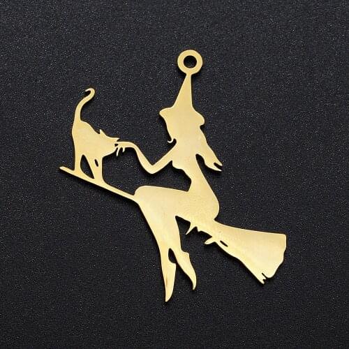 5pcs/lot 100% Stainless Steel Gold Witch Charm Pendant Wholesale Finding Supplies Jewelry Necklace Making