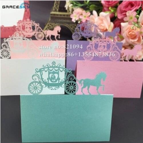 50pcs laser cutting prince & princess in carrige Name Place Seat Paper Wedding Invitation Table Cards for Party home Decoration