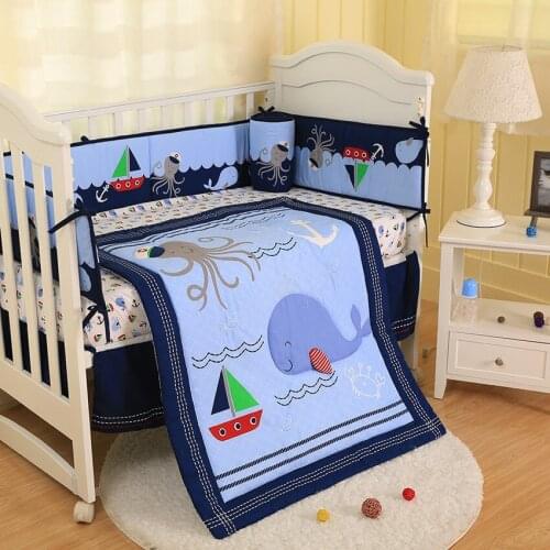 7PCS Ocean kit berço baby crib bedding set kids baby bed set (4bumper+duvet+bed cover+bed skirt+diaper bag)