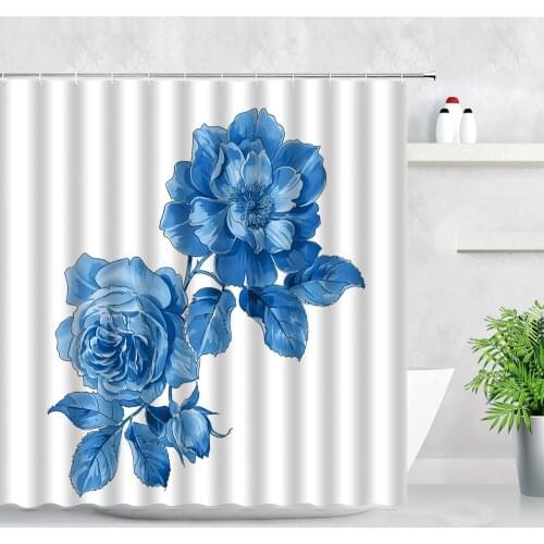 Floral Shower Curtain Sets Blue Flowers Peony Leaf Hand Painted Art Natural Waterproof Fabric Bathroom Decor Hooks Bath Curtains