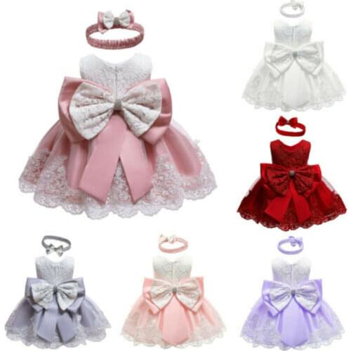 2020 Baby Summer Clothing New Baby Princess Girls Dress Christening Lace Wedding Party Kids Formal Clothes+ Headband 0-24M