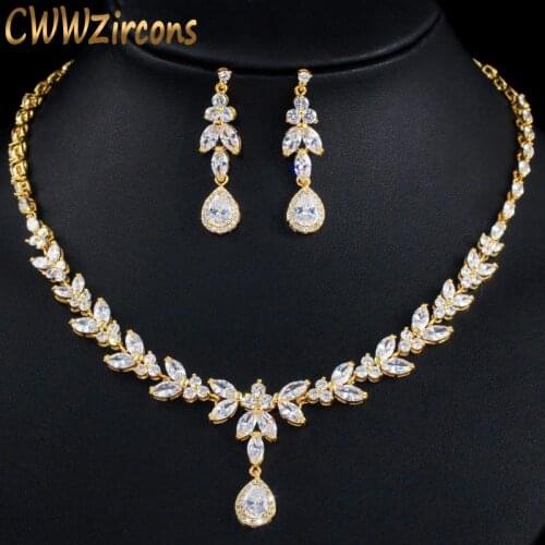 CWWZircons Elegant Leaf Drop African Nigerian CZ Zirconia Yellow Gold Brides Wedding Jewelry Set for Women Party Dress T371