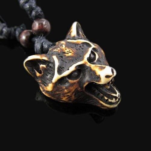 Cool Imitation Yak Bone Carved Wolf Pendant Surfer Cord Necklace Amulet Gift MN190