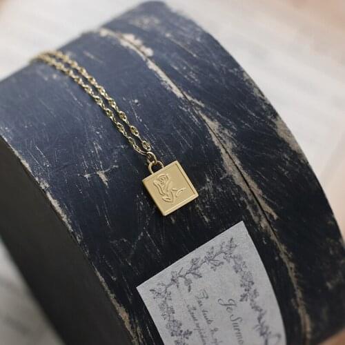 Fashion Rose Frosted Square Pendant Necklace Simple Stainless Steel Chain Choker Necklace For Women Wedding Jewelry Gift