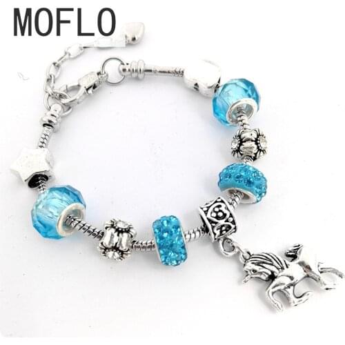 MOFLO 2020 New Design Pink Crystal CZ Hores Bracelet Dangle Kids Female Love Heart Bead Charm Bracelet