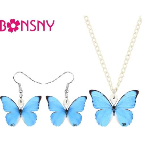Bonsny Acrylic Sweet Blue Morpho Butterfly Jewelry Sets Fashion Animal Insect Necklace Earrings For Women Girls Kids Gifts Charm