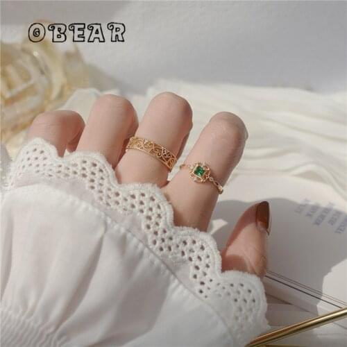 OBEAR 14K Gold Japanese Sweet Romantic Hollow Heart-Shaped Green Zircon Ring Women Noble Elegant Jewelry