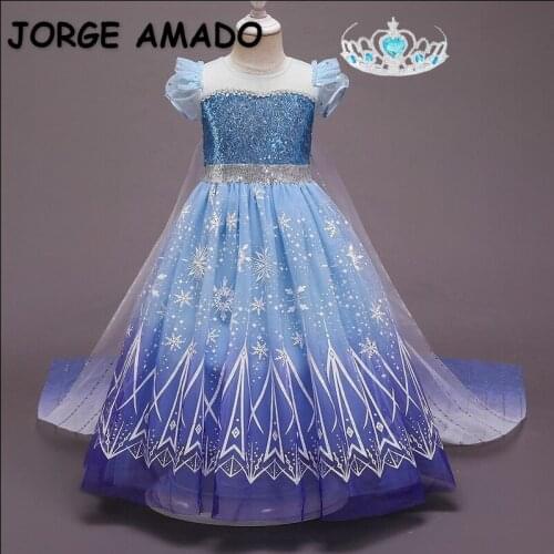 2021 New Summer Kids Party Dress Cartoon Ice Queen Patchwork Seqined Puff Sleeves with Crown for Perform Casplay Clothes E8411