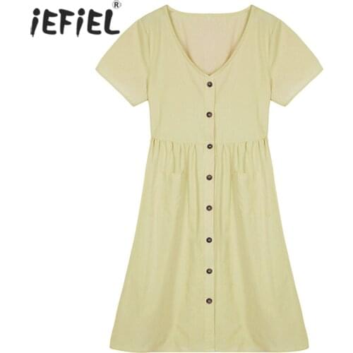 Maternity Dress Pregnant Women Soft Comfortable Cotton Casual Button Pocket Clothes Summer Pure Color Plus Size Pregnancy Dress