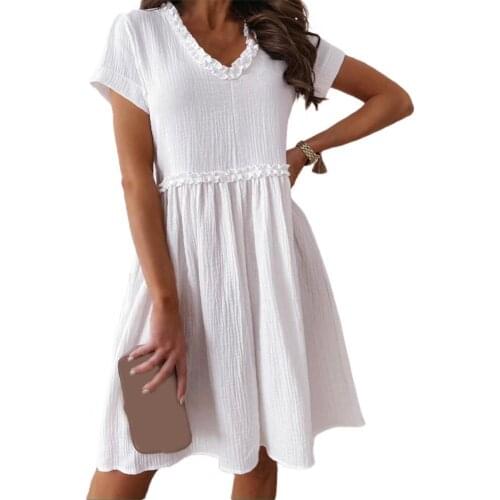 Women Dress Casual Short Sleeve Lacework High Waist V Neck Wide Hem Women V Neck A Line Dress Female Dress Summer XL платье летн
