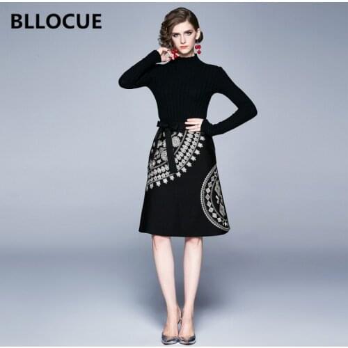 BLLOCUE High Quality New Autumn Women Winter Knitted Patchwork Embroidery Sashes Dress Elegant Casual Black Dresses