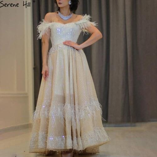 Serene Hill Ivory Sleeveless Sexy A-Line Evening Dress Sequined Feathers Ankle-Length Formal Party Wear Gown 2020 CLA70049