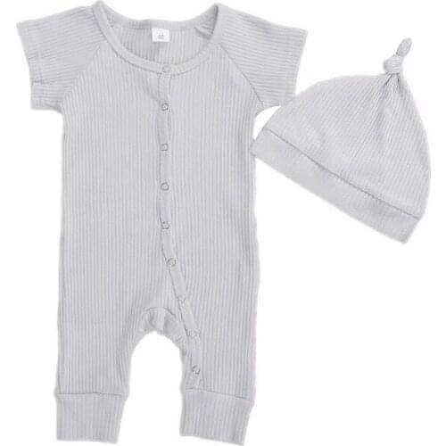 Casual Newborn Baby Boy Girl Short Sleeve Solid Color Cotton Romper Jumpsuit Hat 2PCS Baby Clothes
