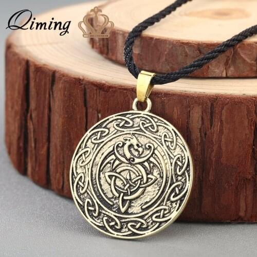 QIMING Bronze Women Men Necklace Valknut Double Side Viking Slavic Talisman Knot Celtic Dragon Pendant Necklace Chokers
