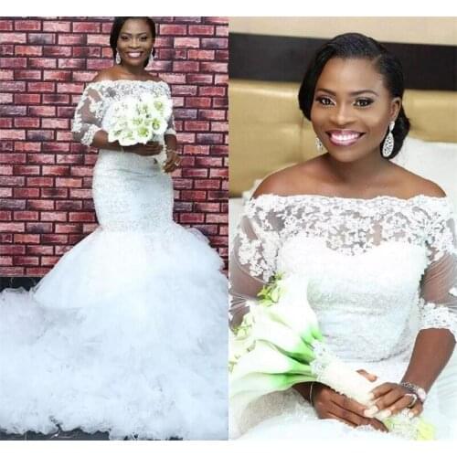 Luxury Ruffles Mermaid Wedding Dresses Bridal Gown Lace Applique Beaded with 3/4 Long Sleeves Off the Shoulder Robes De Mariée