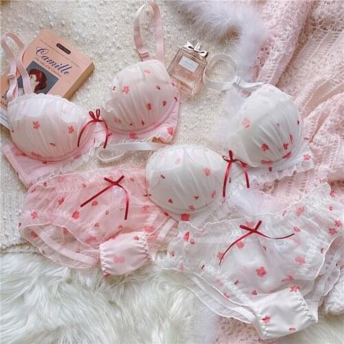 Sakura chiffon bra briefs set sweet and cute thin cup large size gathered lingerie sets women sexy comfortable bralette panties