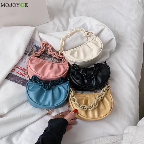 Pure Color Chain PU Crossbody Bag Casual Vintage Women Pleated Small Hobos Purse Summer Pleated Dumpling Handlebags for Women