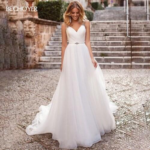 Wedding Dress Sleeveless Backless A-Line Sweetheart Beaded Tulle Illusion Princess Bride Gown BECHOYER N165 Vestido De Noiva