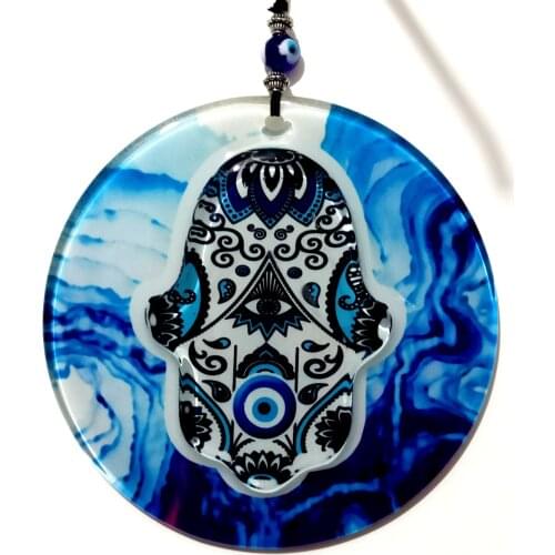 Embossed Abundance Hand Evil Eye Beaded Blue Wall Ornament in Fusion Glass
