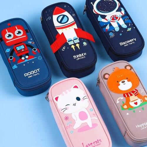 Rocket canvas pencil case cute pencil bag large capacity pen case Children pen bag cartoon animal pen box school supplies gifts
