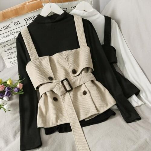 Corduroy Women Tops Autumn Winter 2 Pcs Bandage Buttons Sweet Tank Short top+Base topt2021 Vintage Camis Fashion Clothing