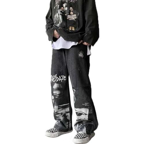 Hip Hop Character Print Jeans Oversized Retro Straight Denim Pants Mens Harajuku Black Straight Washed Wide Leg Cowboy Trousers