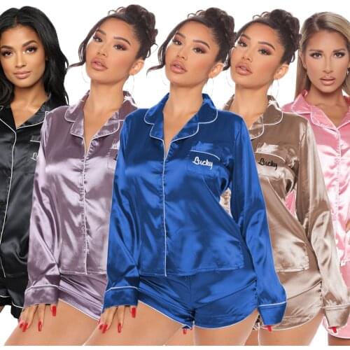 Women Slik Satin Nightgown 2 Pcs Sets Sexy Long Sleeve Turn Down Collar Top and Shorts Embroidery "lucky" Nightwear Pajama Set