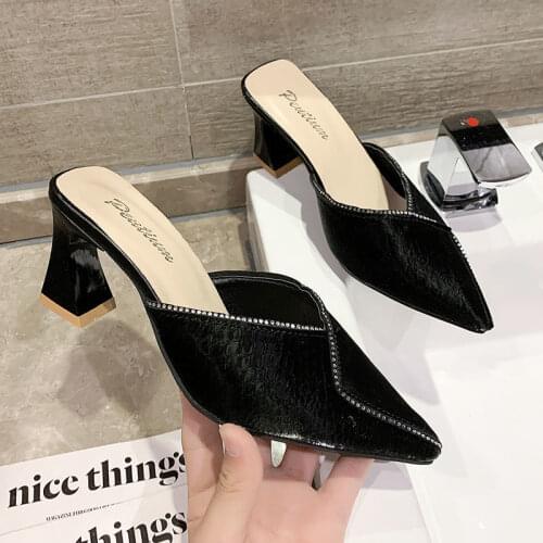 Womens Shoes Baotou Half Slippers Women Shixiawai Wear 2021 New Fairy Feng Shui Drill Pointed Thick Heel High Heel Sandals Tide