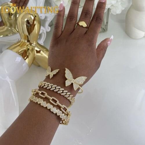 2021 High Quality Micro Pave Clear CZ Double Butterfly Charm Open Adjusted Bangle For Women Iced Out Bling 5A CZ Fashion Jewelry