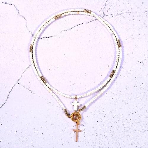 Fashion Cross Pendant Necklace for Women Long Colour Beads Chain Trendy Boho Double Layer Statement Femme Choker Jewelry 2021