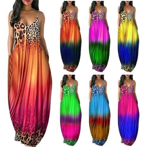 S-5XL Sexy Sling Loose Party Dress Summer Leopard Gradient Sundresses Women Spaghetti Strap Long Dresses 2021 Plus Size Clothing