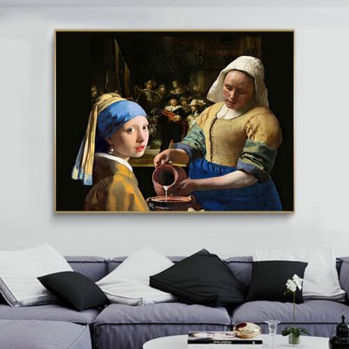 Famous Girl with Wearing Pearl Earrings The Milkmaid Wall Art Canvas Paniting Poster Modern Wall Art Oil Painting Home Decor
