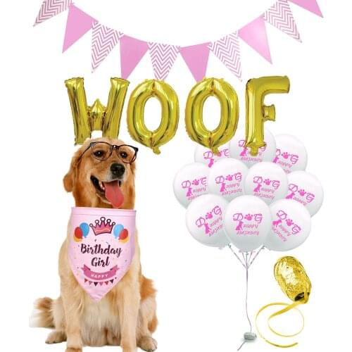 1 Set 16inch WOOF Pet Dog Happy Birthday Round Latex Foil Balloon flag set Puppy Birthday Party Home Garden Decor Ballon