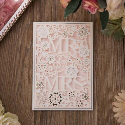 20 pieces/lot) Laser Cutting MR&MRS White Wedding Invitation Card Gold Foil Flowers Red Blue Engagement Invitation Cards CX030W