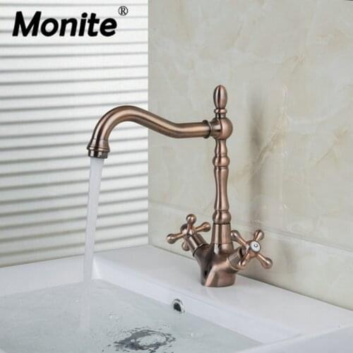 Monite Antique Copper Kitchen Faucet Swivel Wash Basin Sink Tap Solid Brass Deck Mounted Kitchen Sink Faucet Mixer Tap