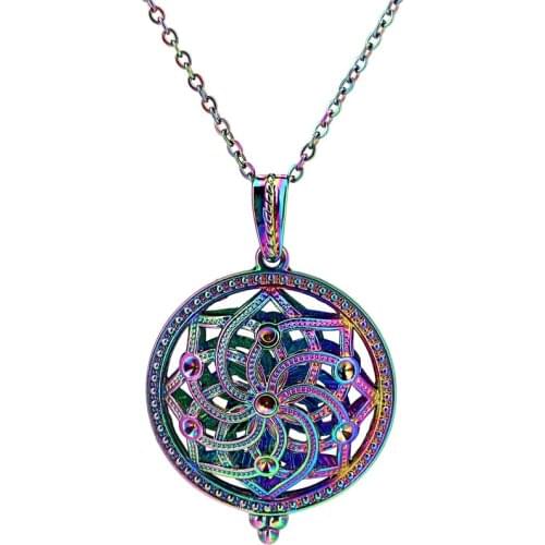 C972 Rainbow Color Big Round Magnet Lotus Flower Beads Cage Pendant Locket Aroma Essential Oil Diffuser Locket Necklace