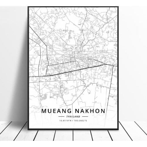 Mueang nakhon Chon Burl Bangkok Pattaya Chiang Mai Udon Thani Phuket Thailand Canvas Art Map Poster