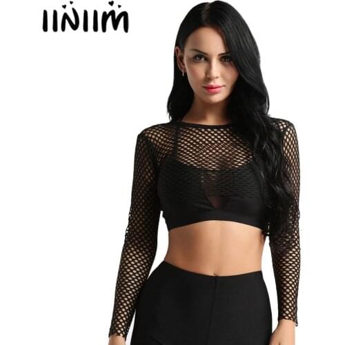 Iiniim Women Club Tops Elastic Fishnet Transparent Long Sleeve Hollow Out Mesh Crop Tops Sexy Night Clubwear T-shirt Cover Up