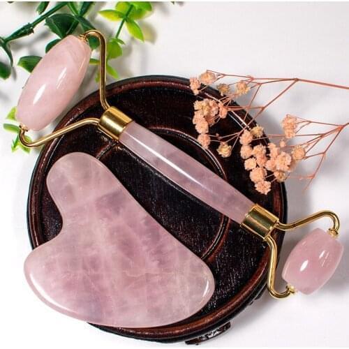 Natural Rose Quartz Jade Guasha Roller Facial Massage Set Natural Jade Guasha Board Scraping Tool Body Massage Relaxation