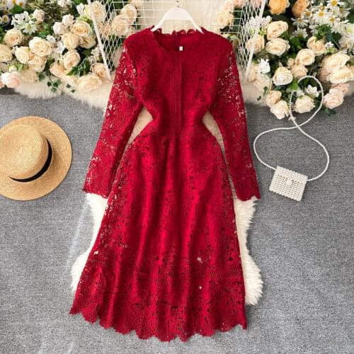 New Women Dress Hollow Out Lace Long Sleeve Urban Dress Ladies Elegant Crochet Floral Slim Mid-calf Middle Empire Dresses