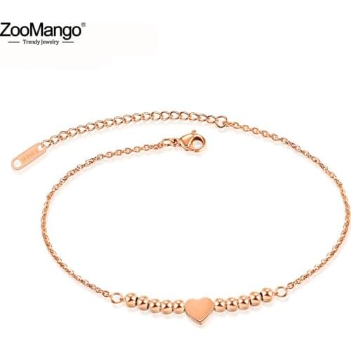 ZooMango Lovely Beads Love Heart Women Anklet Titanium Steel Rose Gold Color Chain Anklets Foot Jewelry Christmas Gifts ZA19038