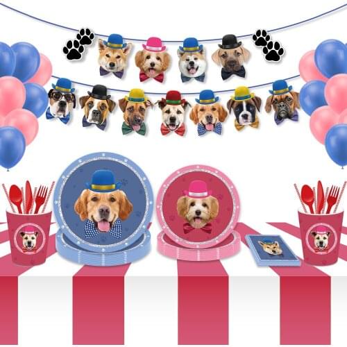Pet Dog Cartoon Party Disposable Tableware Kids Birthday Baby Shower Decoration paper plates cups balloons Napkin Party Supplies