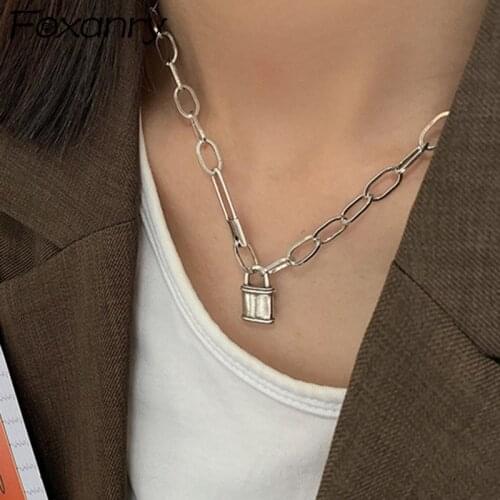 Foxanry 925 Sterling Silver Thick Chain Necklace New Trend Hip Hop Vintage Creative Lock Party Jewelry Gifts Couples Accessories