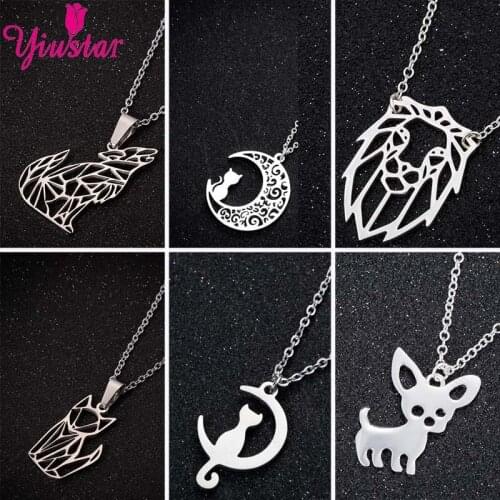 Stainless Steel Animal Necklace Punk Cool Fox Moon Cat Mens Necklace Hollow Pendant Jewelry Gift for Women Teen Wolf Necklace