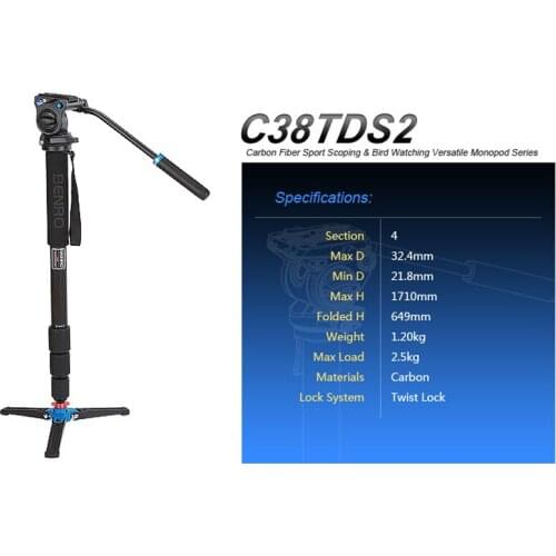Benro C38TDS2 Carbon Fiber Tripod Kit Bird Watching Monopod Kit Professional Video Camera SLR Tripod Stable Support For Canon