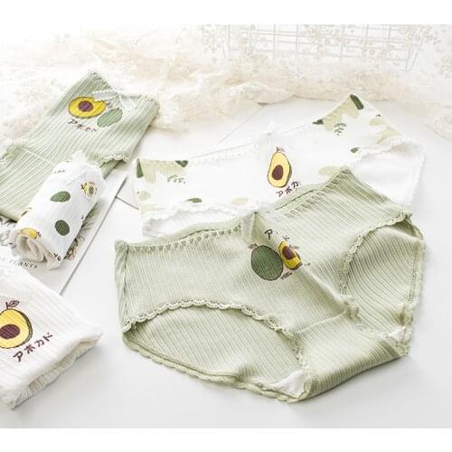 Cartoon Fruit Avocado Pattern Underwear Women Briefs Cotton 2021 Plus Size Panties Sexy Cute Mid Rise Briefs Femme Lace Lingerie