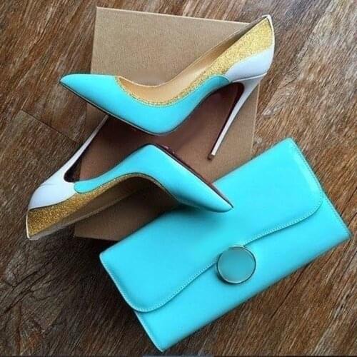 Newest Gold Glitter Patchwork Dress Shoes Pointed Toe Blue Patent Leather 12cm Stiletto Heels Pumps Shallow Celebrating Shoes