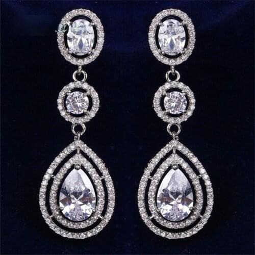 ORZTOON Vintage Round Water Drop Zircon Dangle Earrings For Women Luxury Silver Color Long Earring Trendy Bridal Wedding Jewelry