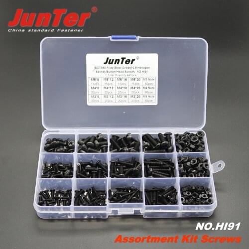 High-quality 440pcs M3 M4 M5 Alloy Steel Grade10.9 High Tensile Socket Button Head Screws With Nuts Assortment Kit NO.HI91