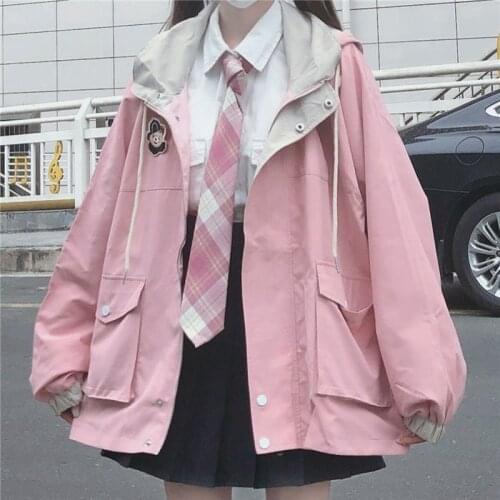 Japanese kawaii Zipper pink woman jacket 2021 New Korean color matching Spring and Autumn clothes Loose cute female tops coat
